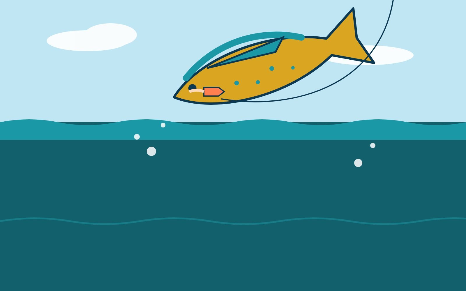 A mahi-mahi leaping beside a trolling lure in blue water