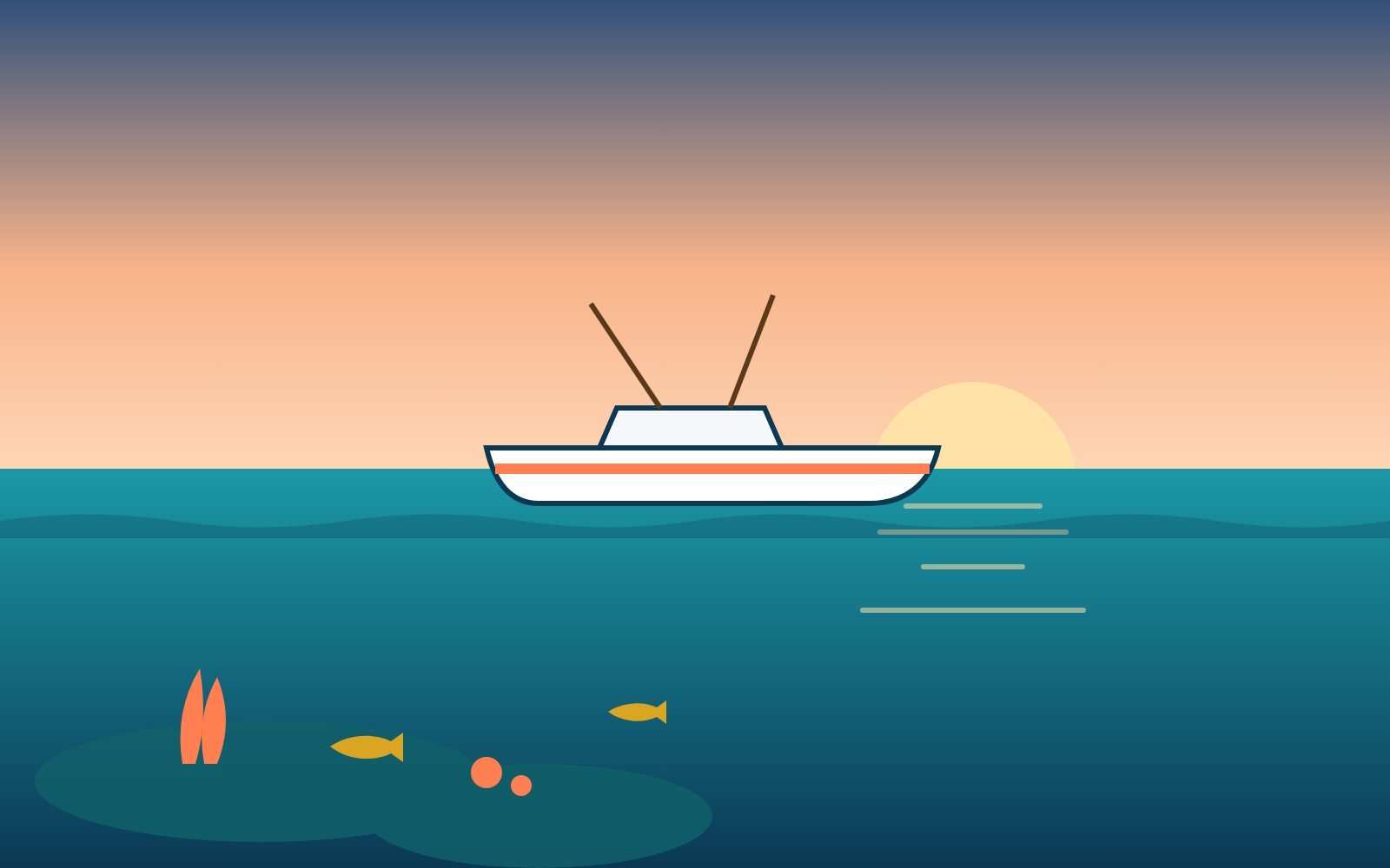Sunrise over the reef with a fishing boat on calm water